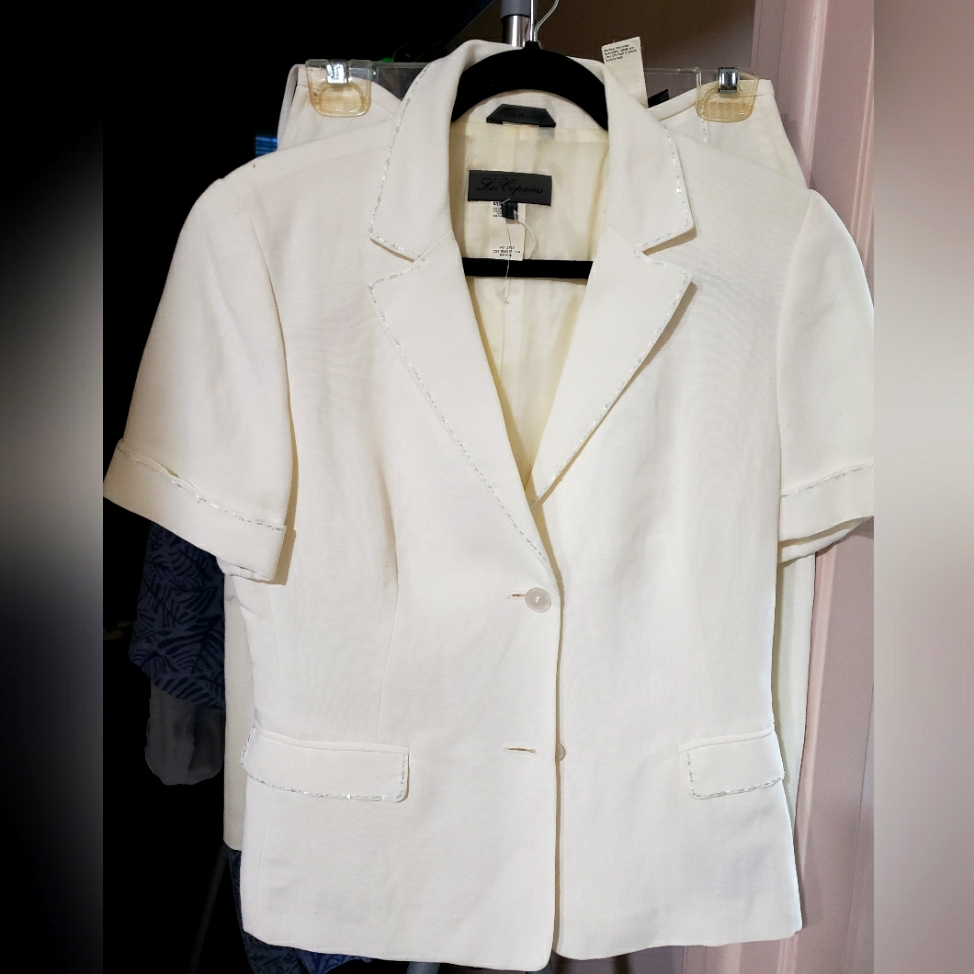 Italian Designer Skirted Suit - White Linen/Viscose With Extensive Bead Work.